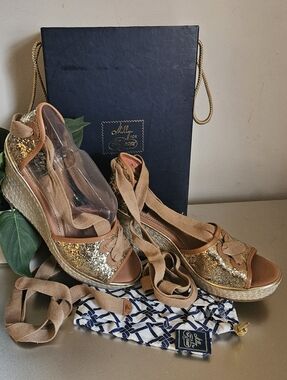 Milly for Sperry Topsider nwt palm beach gold glitter tan sequin lace up wedges